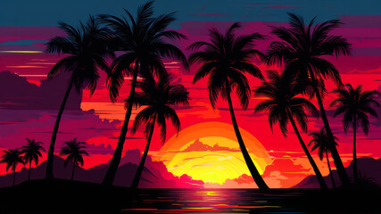 Fototapeta na wymiar Sunset and palm trees on a tropical island. Vector illustration.
