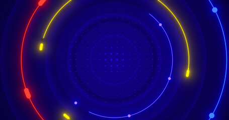 Navy blue rings with colorful lines. Neon bright childish cosmos technology pattern. Dark circular tunnel. Halftone grid with little diamonds. Red orange green blue purple dots Tech funny circle frame