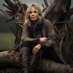 photo real 60 year old white woman, dark blonde hair, sitting on a tree stump in countryside on a wet blustery day
