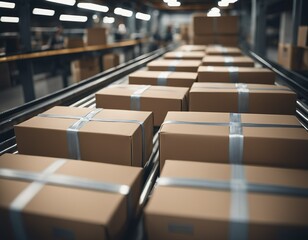 Fototapeta premium Close-up of multiple cardboard box packages on conveyor belt