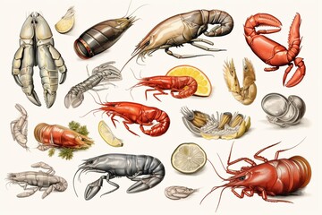 Illustrated hand-drawn set of seafood series - shellfish, shrimp, seafood. Generative AI