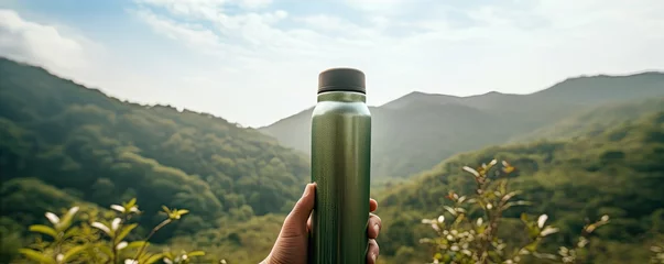 Foto op Plexiglas Reusable thermos in hand against forest mountains. thermo water bottle in hiking time. © Michal