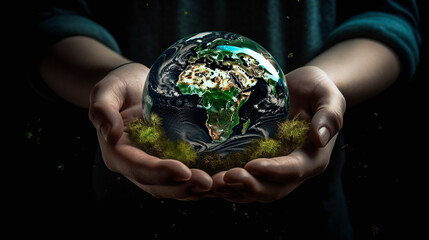 Hands of a child holding a glowing globe