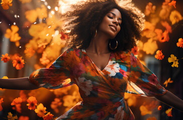 Beautiful Girl with Afro Hair dancing with colorful dress in summer with flowers