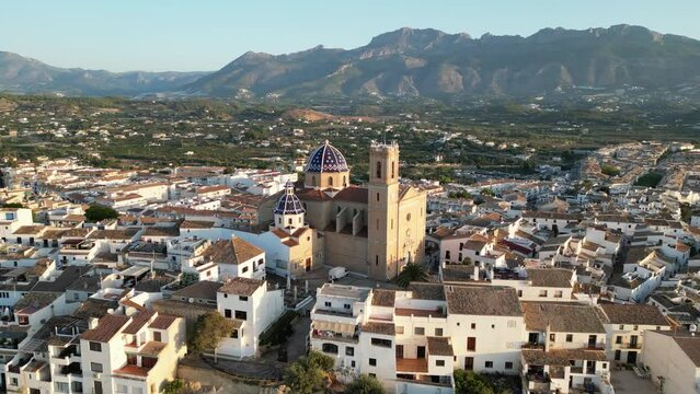Flying 180 degrees around Church of Our Lady of Consolation, Altea in Spain.  Catholic Church in Costa Blanca,Spain.