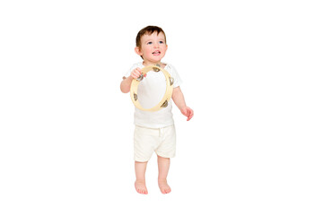 Happy baby play musical instruments on studio, isolated on white background. Portrait of a smiling...