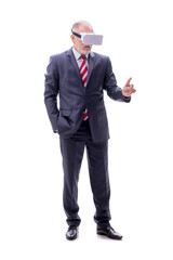 Old businessman wearing virtual glasses isolated on white