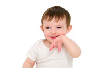 A happy baby on a studio, isolated on white background. Portrait of a smiling child, isolated on white background. Kid aged about two years (one year nine months)