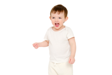 A happy baby on a studio, isolated on white background. Portrait of a smiling child, isolated on white background. Kid aged about two years (one year nine months)