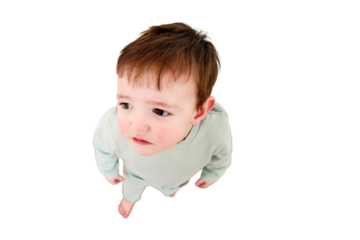 Little baby whimpers and is naughty, isolated on white background. Small child is crying and suffering in the home living room, isolated on white background. Kid aged one year nine months