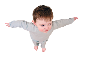 Little baby won't let you go out the door, isolated on white background. Small child closes the door and does not let out, isolated on white background. Kid aged one year nine months block the passage