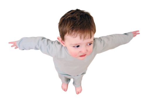 Little baby won't let you go out the door, isolated on white background. Small child closes the door and does not let out, isolated on white background. Kid aged one year nine months block the passage