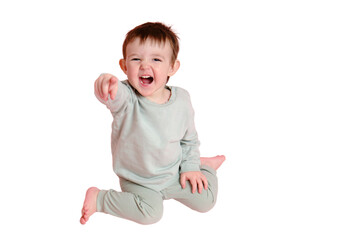 Happy toddler baby on studio, copy space, isolated on white background. Emotional child boy with a smile on his face, full height, isolated on white background. Kid age one year eight months