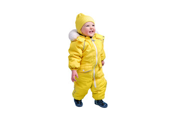 Happy toddler baby in winter clothes snowsuit isolated on a white background. A child in a warm...