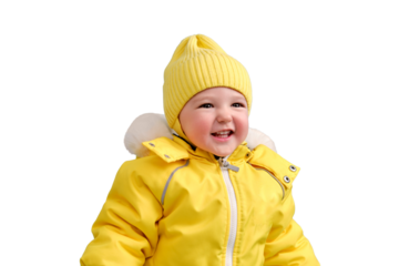 Happy toddler baby in winter clothes snowsuit isolated on a white background. A child in a warm yellow jumpsuit with a hood. Kid aged one year five months