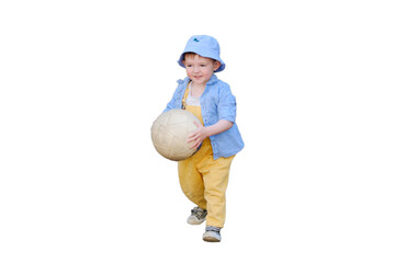 The child's happiness is evident as they run after the ball on the sports field, isolated on white...