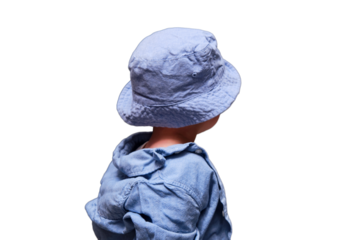 Happy baby in blue clothes - shirt and hat, isolated on white background. Kid aged about two years (one year eleven months)