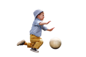 A child falls while playing with a ball on a football field, isolated on white background. Kid aged about two years (one year eleven months)