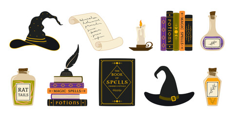 Witchcraft elements collection. Magic books, witch hats, potions, candle, parchment scroll and ink with quill.