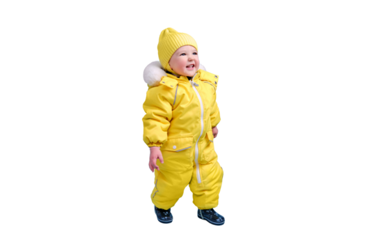 Happy toddler baby in winter clothes snowsuit isolated on a white background. A child in a warm yellow jumpsuit with a hood. Kid aged one year five months