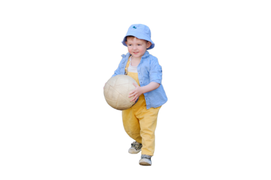The child's happiness is evident as they run after the ball on the sports field, isolated on white background. Baby is happily playing with the white ball. Kid aged about two years - Powered by Adobe