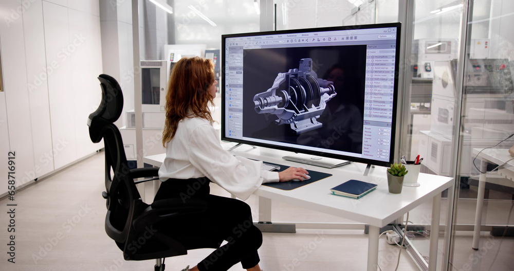 Aufkleber engineer doing 3d cad model design on computer