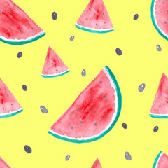 Seamless pattern of watermelon slices and seeds on the yellow background
