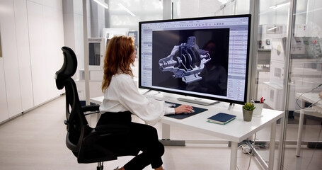 Engineer Doing 3D CAD Model Design On Computer - obrazy, fototapety, plakaty
