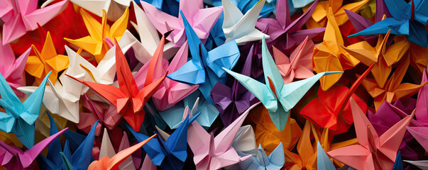 Color Paper origami Cranes. panorama photo. - obrazy, fototapety, plakaty
