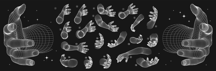 Retro futuristic wireframe 3D hand model. Low poly human hands, graphics for projects, prints, posters. Vector set
