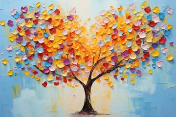 A vibrant tree with heart-shaped symbols painted on its trunk