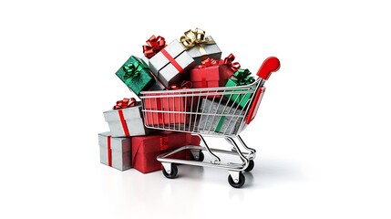 Festive Christmas Shopping Red and Green Gift Box in a Holiday Sale Cart
