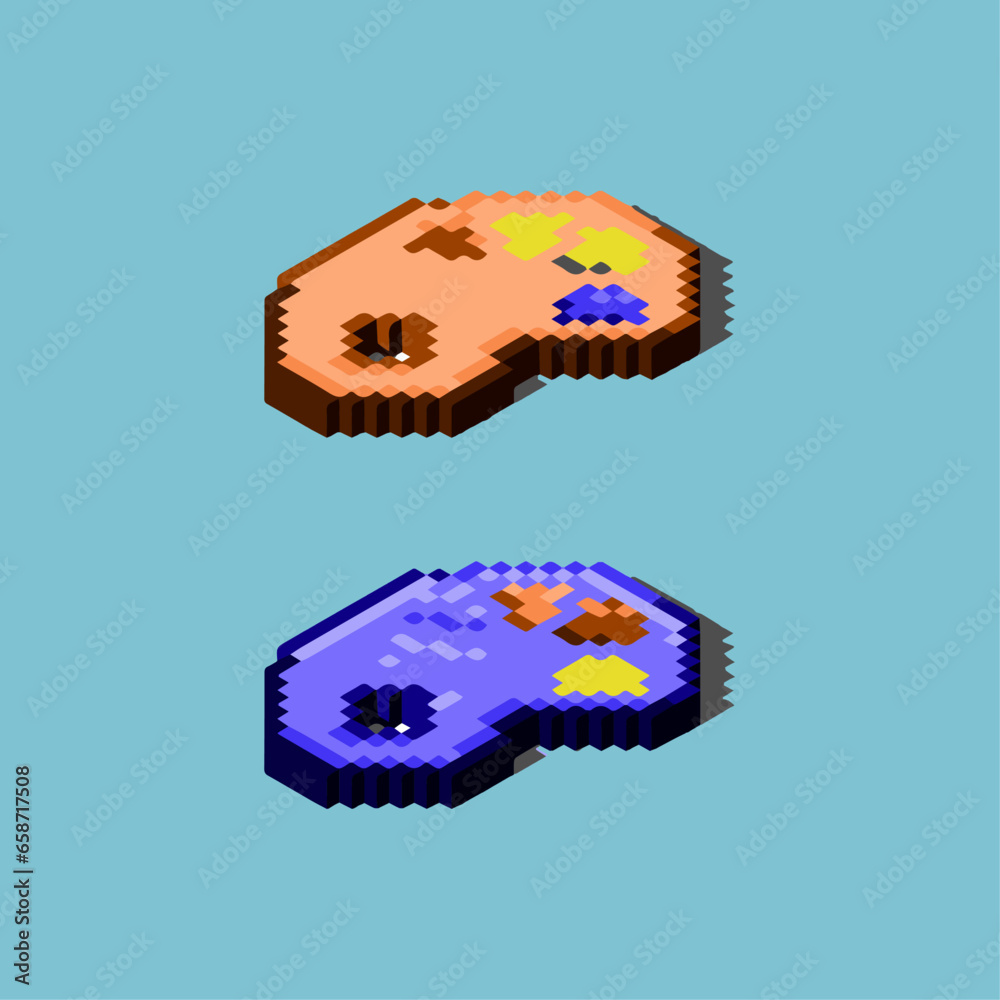 Poster isometric pixel art 3d of color pallete for items asset. simple 3d color pallete on pixelated style.
