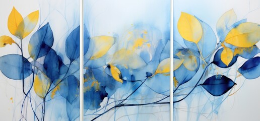 Blue and yellow leaf painting on white wall