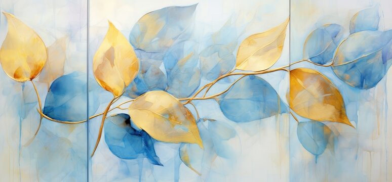 A vibrant painting of blue and yellow leaves adorning a wall © pham