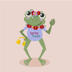 Flat Design Illustration Spring Love with Frog and Flowers,Headphone