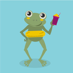Obraz premium Flat Design Illustration Summer with Frog and Latte,Yellow Rubber Ring