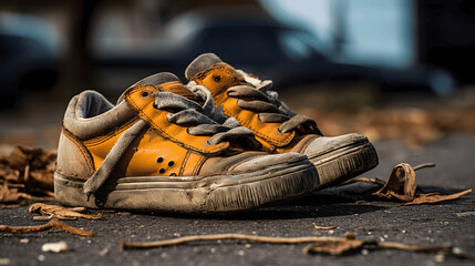 A pair of children's shoes, battered and worn, lay on the ground
 - obrazy, fototapety, plakaty
