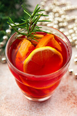 mulled wine christmas cocktail citrus and rosemary traditional drink new year holiday appetizer meal food on the table copy space food background rustic top view