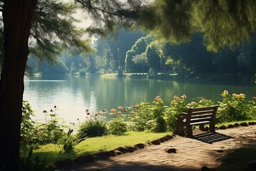 A beautiful scenic lake surrounded by lush green country, offering a peaceful and serene ambiance. Generative AI