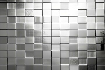 Polished mosaic wall with glossy, stacked silver tiles forming a rectangular block background. Generative AI