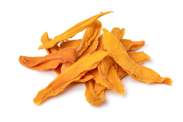 Heap of dried mango chips close up isolated on white background close up