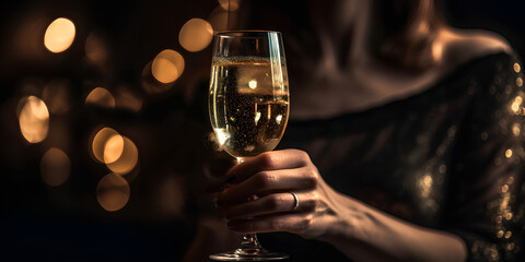 Female hand holds a glass with champagne. Christmas tree with bokeh on background.
