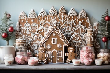 Photo of a festive display of gingerbread houses arranged in a row created with Generative AI technology