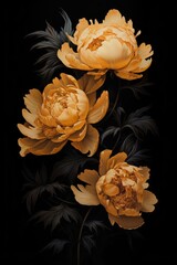 Three vibrant yellow flowers against a contrasting black background