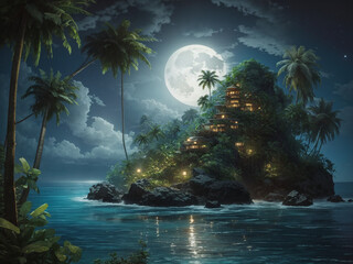 A dreamy island on a rock with attractive lights at night