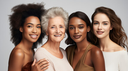 Women of different races, ages, and body types are shown in a group, having fun against isolated on white background
