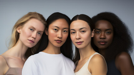 Fototapeta premium Women of different races, ages, and body types are shown in a group, having fun against isolated on white background