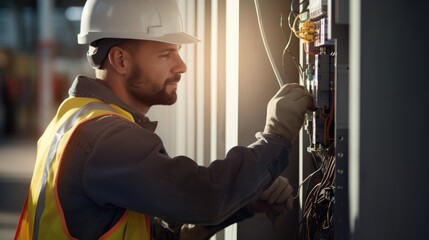 Professional electrician man works in a switchboard with an electrical connecting cable, Electrician repairing - obrazy, fototapety, plakaty