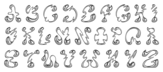 Chrome Y2K font. Liquid metal alphabet, melted steel letters and funky numbers. Glossy 3D flux typeface set	